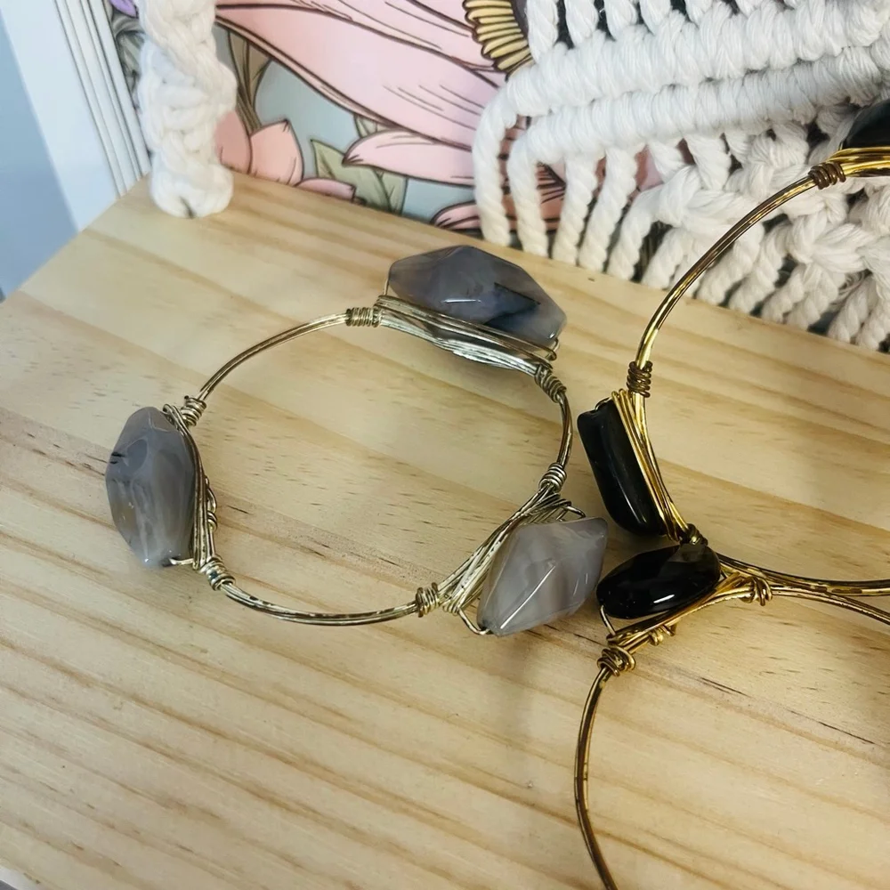 Stone Wire Wrapped Bangle Bracelet‎ Set Boho Bohemian Stacking